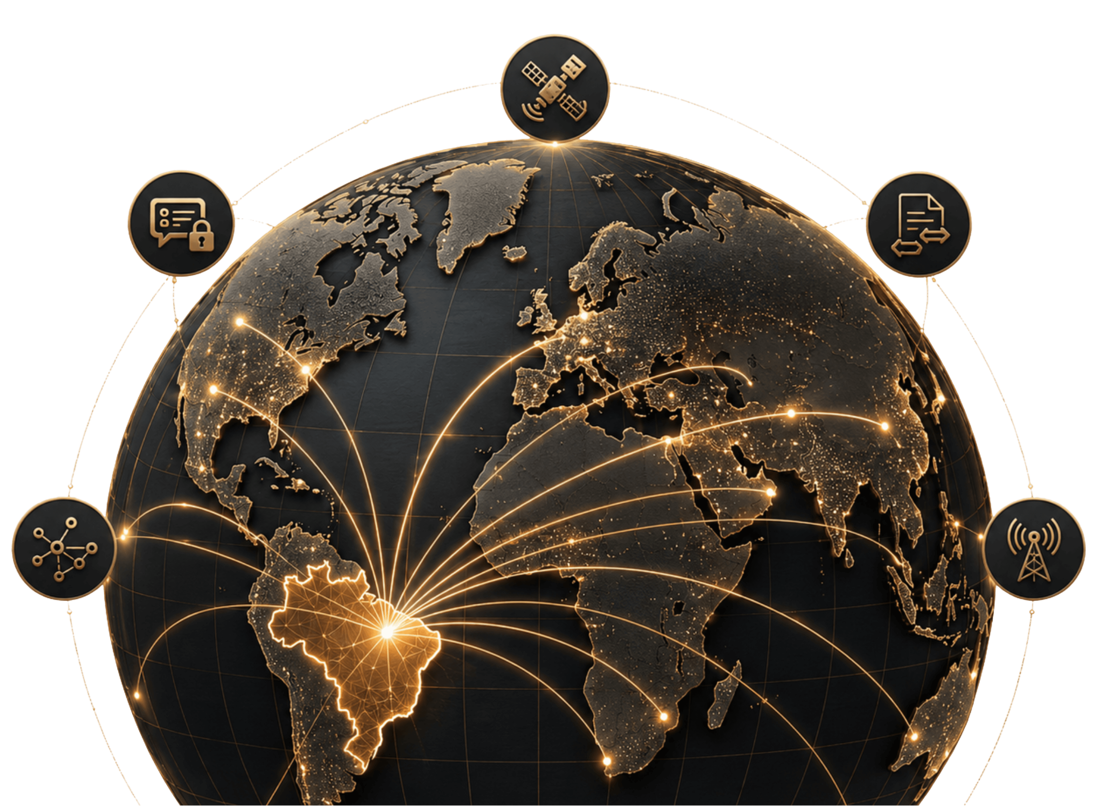 Mapa global com conexões estratégicas partindo do Brasil